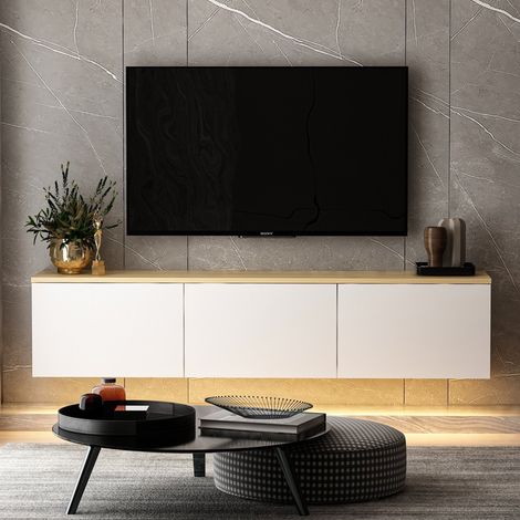 Mobile TV LED sospeso con armadi bianchi e ripiano in effetto legno 160 cm LUMI (1/5)