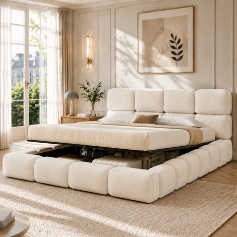 Cama canapé hidráulica 200 x 200 cm con somier, cabecero tapizado, bouclé blanco HAVRYA (1/5)