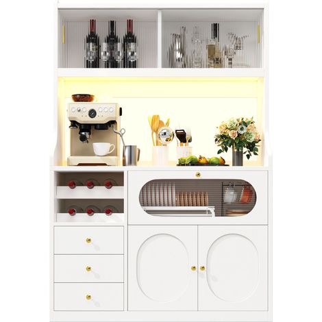 Buffet haut de cuisine Blanc,meuble moderne avec LED,avec 3 tiroirs,plan de travail,prise avec USB,120x40x180cm,cuisine,salon (1/5)