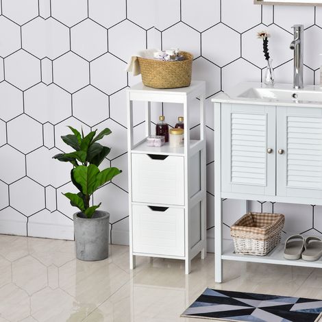 Meuble de salle de bain Kleankin multifonctionnel avec étagère ouverte et 2 tiroirs de rangement, conception anti-basculement, 30 x 30 x 89 cm, blanc (1/5)