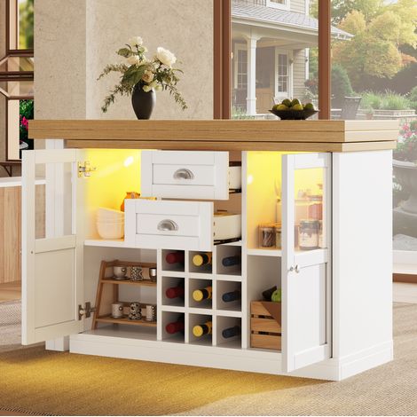 Ausziehbarer Esstisch mit 3-farbiger LED-Beleuchtung, 120-197cm, 360° drehbar, mit Stauraum & Weinregal, Weiß/Schwarz, belastbar bis 60kg (1/5)