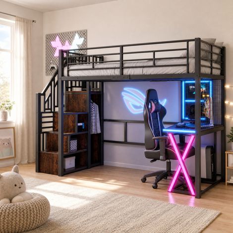 Lit mezzanine 252.5x95.5x169 cm métal MDF noir avec bureau, gain de place sans matelas – MEUBLIV (1/5)