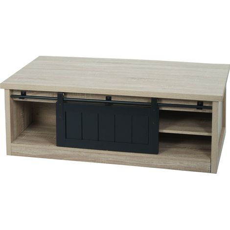[NEUWERTIG] Couchtisch HHG-633, Beistelltisch Wohnzimmertisch, Schiebetüre 6 Staufächer, Holz-Optik Metall 44x120x60cm naturfarben