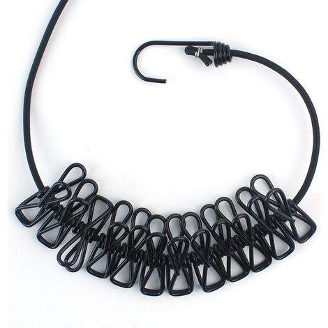 Lot de 12 cordes à linge portables de voyage avec pince, crochet élastique, coupe-vent et antidérapantes (noires) (1/5)