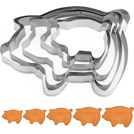 Juego de 5 moldes para galletas con forma de cerdo de Gosknor，5 tamaños，de acero inoxidable，suministros para hornear mexicanos (plateado) (1/5)