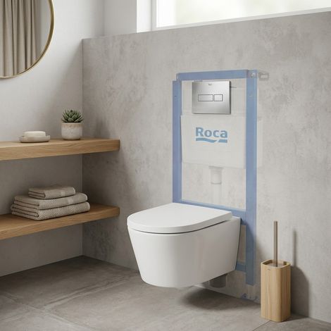 WC-Set Vorwandelement + Swiss Aqua Technologies spülrandloses Wand-WC mit SoftClose-Sitz + Betätigungsplatte (ROSTBRWR05-IN)