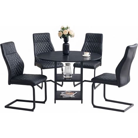 ELVMI Esstisch-Set mit 1 Rundem Tisch und 4 Esszimmerstühlen, Doppelablage, MDF, Metall und Kunstleder, Schwarz (1/5)