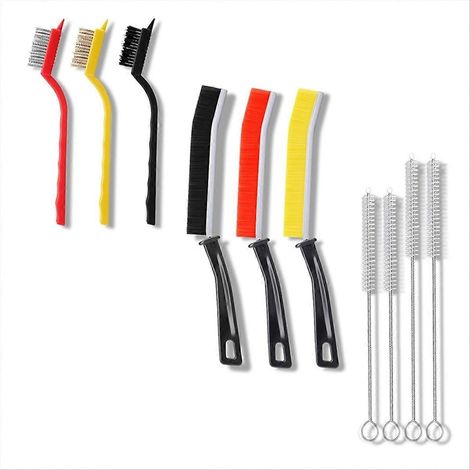Set mit 10 Reinigungsbürsten für Ecken, darunter eine Bürste mit steifen Borsten, eine Metallbürste und eine Strohbürste. (1/5)