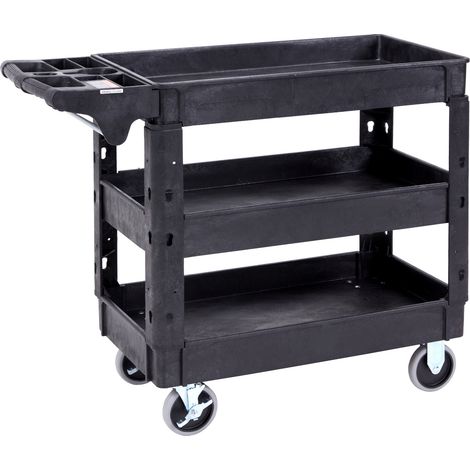 Mophorn Carro de servicio pesado de 3 estantes, capacidad de 550 libras, carro rodante de plástico con ruedas giratorias de 360° (2 con frenos), manija ergonómica para almacén/garaje/limpieza