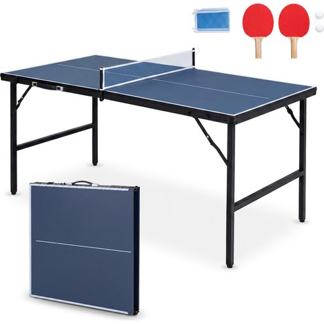 Table de Ping-Pong Pliable 152,5 x 76 cm, Set Table de Tennis Portable Pré-Assemblée avec Filet 2 Raquettes Balles, Intérieur Extérieur, Bleu (1/5)