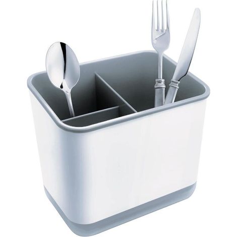 Escurridor de cubiertos, organizador de tenedores y cucharas con 3 compartimentos y bandeja de drenaje, para cuchillos, tenedores y cucharas, cesta de secado para fregadero (gris) (1/5)