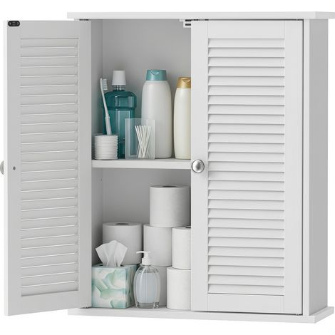 Armoire murale de salle de bain, meuble de rangement suspendu avec 2 portes persiennes et étagère réglable, blanc (1/5)