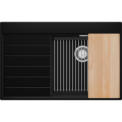 PRIMAGRAN Evier Cuisine en Granit 78x50cm,Lavabo 1 bac + Kit de Vidage + Accessoires, Évier à Encastrer au meuble 50cm - Sydney, Noir Métallisé (1/5)
