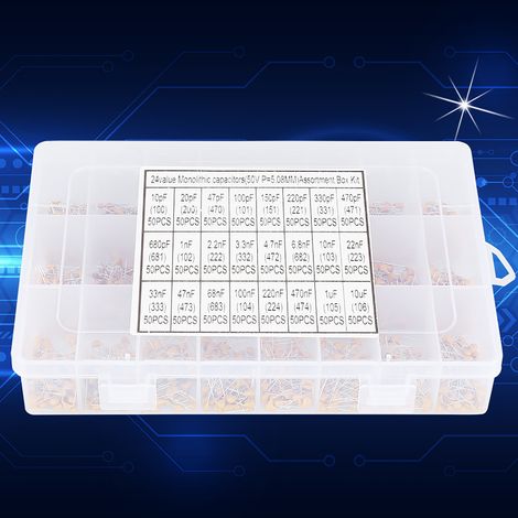 Sortiment mit 1200 monolithischen Keramikkondensatoren (24 Werte, 50 V, 10 pF–10 µF) (1/5)