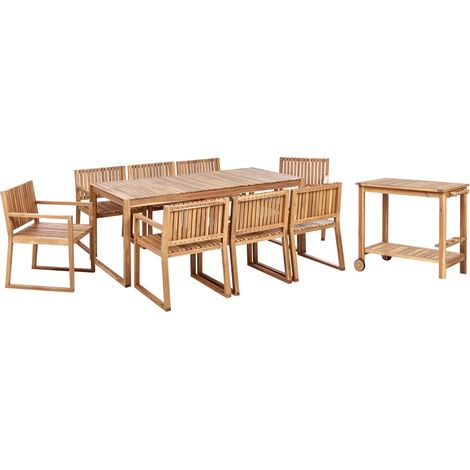 Set da pranzo rustico da 8 posti in legno d'acacia certificato tavolo e sedie con carrello Sassari II