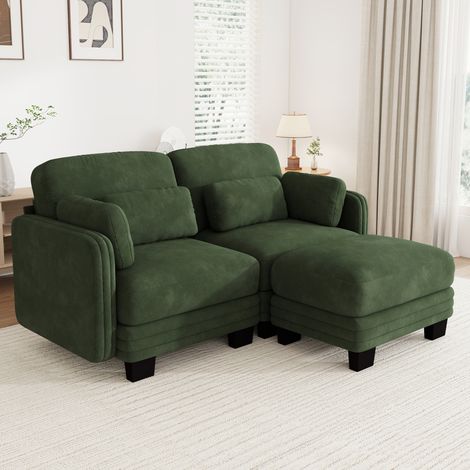 MODFU – Divano angolare modulabile 2 posti 176x143x88 cm in ciniglia con pouf, cuscini mobili, schiuma 28D e carico 380 kg – Verde (1/5)