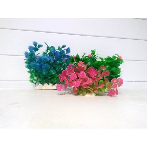 Lot 3 Plantes Plastiques Déco Aquariums: Verte, Rose & Bleue (1/4)
