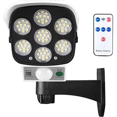 Lampe solaire d'extérieur avec détecteur de mouvement sans fil et caméra de sécurité factice IP66 étanche 77 LED lampe murale spot pour cour, jardin, terrasse, garage, allée (1/4)