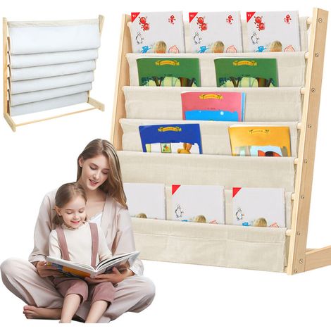 Porte Livres Enfant 7 Étages en Bambou Naturel - Structure Bois Massif & Tissu Respirant (75x30x76cm), Design Écologique, Rangement Éducatif Gain de Place pour Chambre/Salle de Jeux (1/5)