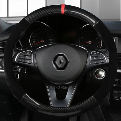 (Forme A O 38 cm -) Housse de volant en cuir et fibre de carbone 37-38 cm, compatible avec Renault Clio 2, 3, 4 et 5. Accessoires auto en cuir. (1/5)