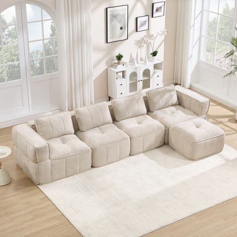 Canapé d'angle modulaire 4 places sans structure, avec pouf, rembourrage en mousse résiliente 32D, assise profonde, revêtement textile doux et agréable, parfait pour séjour, teinte sable. (1/5)