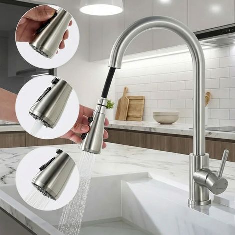 Robinet de Cuisine avec Douchette Extractible Mitigeur Cuisine Brossé en Acier Inox Robinet d'évier pour Cuisine Rotatif à 360° avec 3 Modes (1/5)