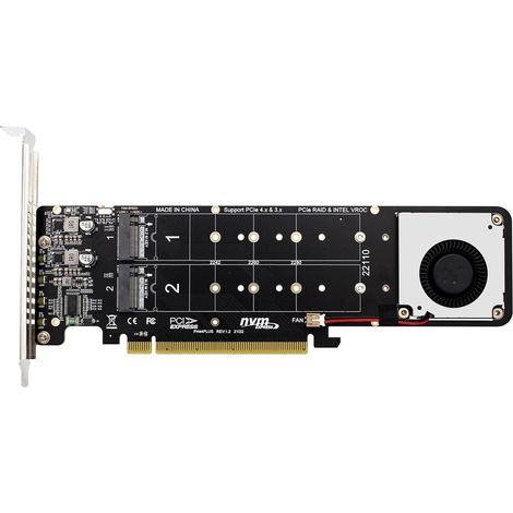 Convertisseur NVME PCIE 4 en 1 M.2 M-key vers PCIE 16x avec ventilateur de refroidissement pour carte mère de bureau Extension de disque dur (1/5)