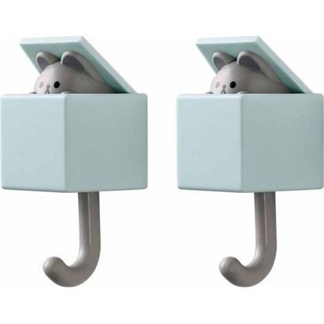 2Pcs Creative Adhesive Coat Cat Hook, Blue Cute Cat Key Holder for Wall, Plastic Home Storage Hooks (1/5)