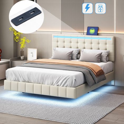 Letto matrimoniale 140x200 cm imbottito in tessuto effetto lino, con LED, ricarica USB, rete a doghe in legno e struttura in metallo - beige