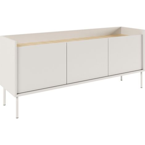 Meuble TV 140 cm Design Moderne Chic en Blanc Finitions Mat Panneau de Particules Laminé Robuste Pieds Métalliques Espace de Rangement Conçu en Pologne (1/5)