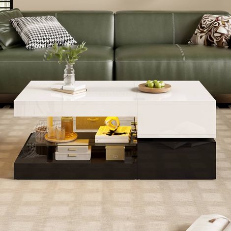 Table basse LED 90 x 45 x 35,5 cm, étagère en verre et contrôle Bluetooth, en panneaux de particules, salon, blanc et noir brillant (1/5)