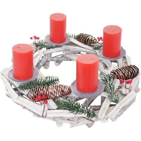 Corona de Adviento decoración navideña redonda de madera Ø 40cm blanco grisáceo con velas rojas 040002568