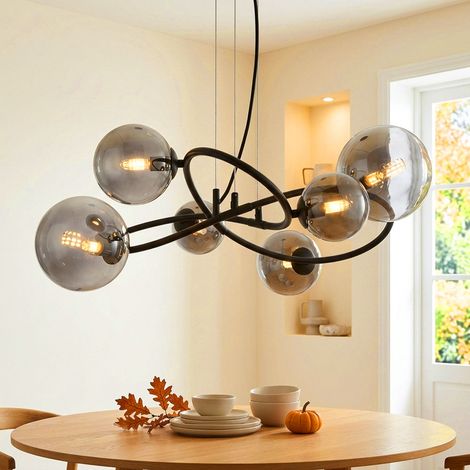 Suspension 6 flammes LED lampe suspendue salon lampe de table à manger verre fumé, métal noir, 6x 3,5W 6x 350lm blanc chaud, LxH 62,2 x 120 cm (1/5)