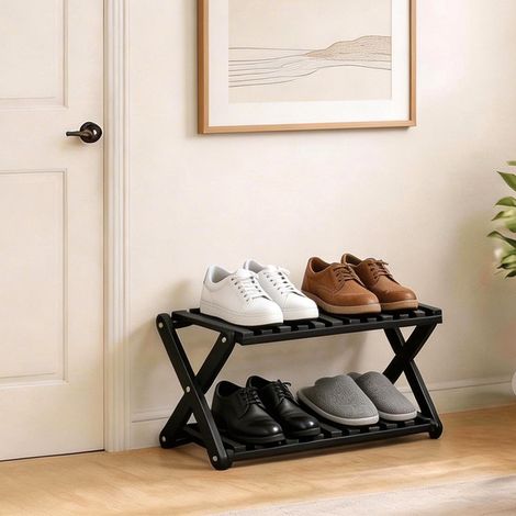 Étagère à chaussures pliable en bambou à 2 niveaux - Noir - Sans installation - pour les couloirs, les chambres et les petits espaces (1/5)