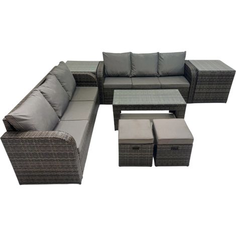 Fimous Rattan Garden Outdoor Furniture Set 3 Seater Sofa Coffee Table with 2 Side Tables 2 Small Footstools Dark Grey Mixed (1/5)