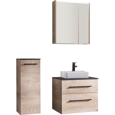 Fackelmann OXFORD Badmöbel Set 5 Teile / Keramik Waschbecken / Waschtischunterschrank / Waschtischplatte Schwarz / Midischrank / LED-Spiegelschrank / Korpus & Front: Braun hell / Breite ca. 60 cm"-"90