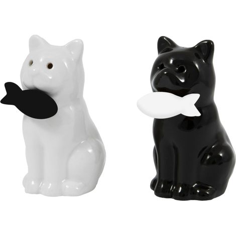 Fisura - Originale saliera e pepiera Set sale e pepe per la tavola a forma divertente Set di saliere e pepiere in ceramica. Moderna saliera da tavolo (Gatti, bianco e nero) (1/5)