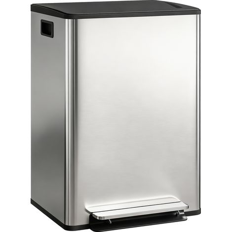 Beyamis Zweikammer-Abfalleimer, 2 x 30 l, Tret-Küchenabfalleimer, Deckel mit Soft-Close-Funktion, 47,5 x 37,5 x 67 cm, silber