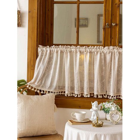 1 panneau de petit rideau à carreaux beiges, rideau de café avec poche de tringle et bordure à pompons, pour cuisine, salon, chambre, armoire 10060 (1/5)