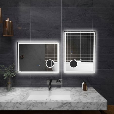 Espejo de baño LED con aumento de 3x, función táctil, función de memoria, antivaho, 80 x 60 cm