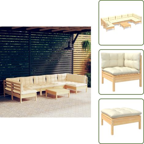 8-tlg. Garten-Lounge-Set mit Creme Kissen Massivholz Kiefer - Gartenzubehör - Lounge Set - Gartenmöbel - Outdoor Möbel - Esstisch (1/5)