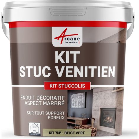 Arcane Industries – Kit stuc décoratif spatulable jusqu'à 7 m² – Enduit minéral beige vert – Excellente accroche et pérennité esthétique