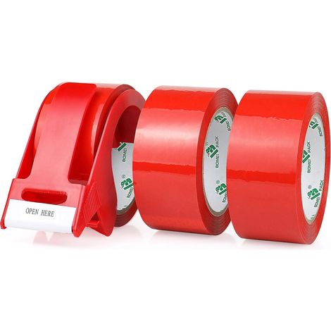 66m x 48mm Packing Tape - 3 Rolls with Dispenser, Strong Adhesive Printing for Parcel, Warehouse, E-Commerce (Red) (1/5)