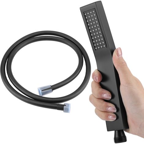 Pommeau de douche à main carré en laiton noir mat avec flexible (1/5)