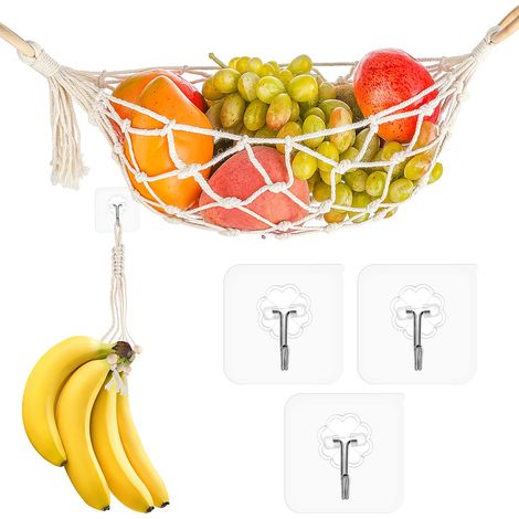 1 pièce hamac fruits et légumes, paniers suspendus de cuisine, hamac de fruits et légumes avec 2 crochets à vis, filet de suspension de fruits, tissé à la main pour fruits sous armoires pour cuisine (1/5)