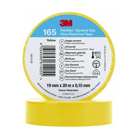 Ruban isolant 3M Temflex en Vinyle Jaune 20m x 19mm x 0.152mm ( Prix pour 1 )