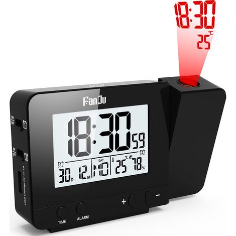 Ortviai – Projektionswecker mit Zeit und Temperatur – Doppelwecker mit Snooze, 12/24 h, Innenluftfeuchte – USB-Ladeausgang, Großdisplay (1/5)