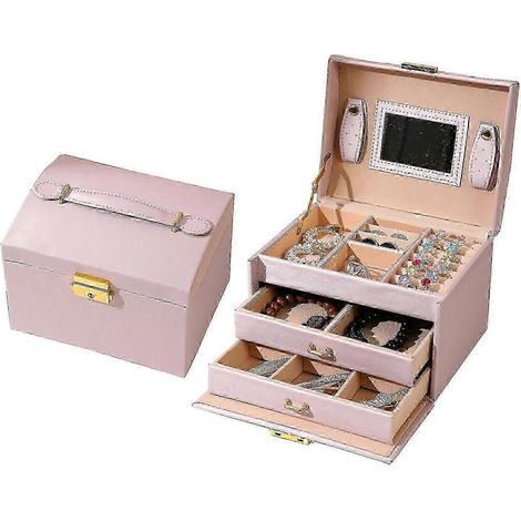 Boîte à bijoux (rose), rangement à 3 niveaux grande capacité avec miroir, fermeture à clé en cuir PU (1/5)