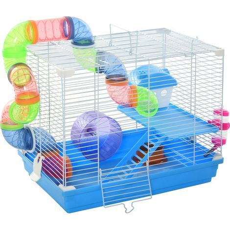 Cage à hamster rongeur 2 niveaux avec tunnel, biberon eau, roue, maisonnette, échelles dim. 46L x 30l x 37H cm (1/5)