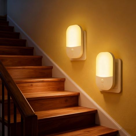 Veilleuse de prise automatique - Pack de 2 - Luminosité ajustable et 3 modes - Pour chambre, couloir, escalier - 3000K blanc chaud (1/5)